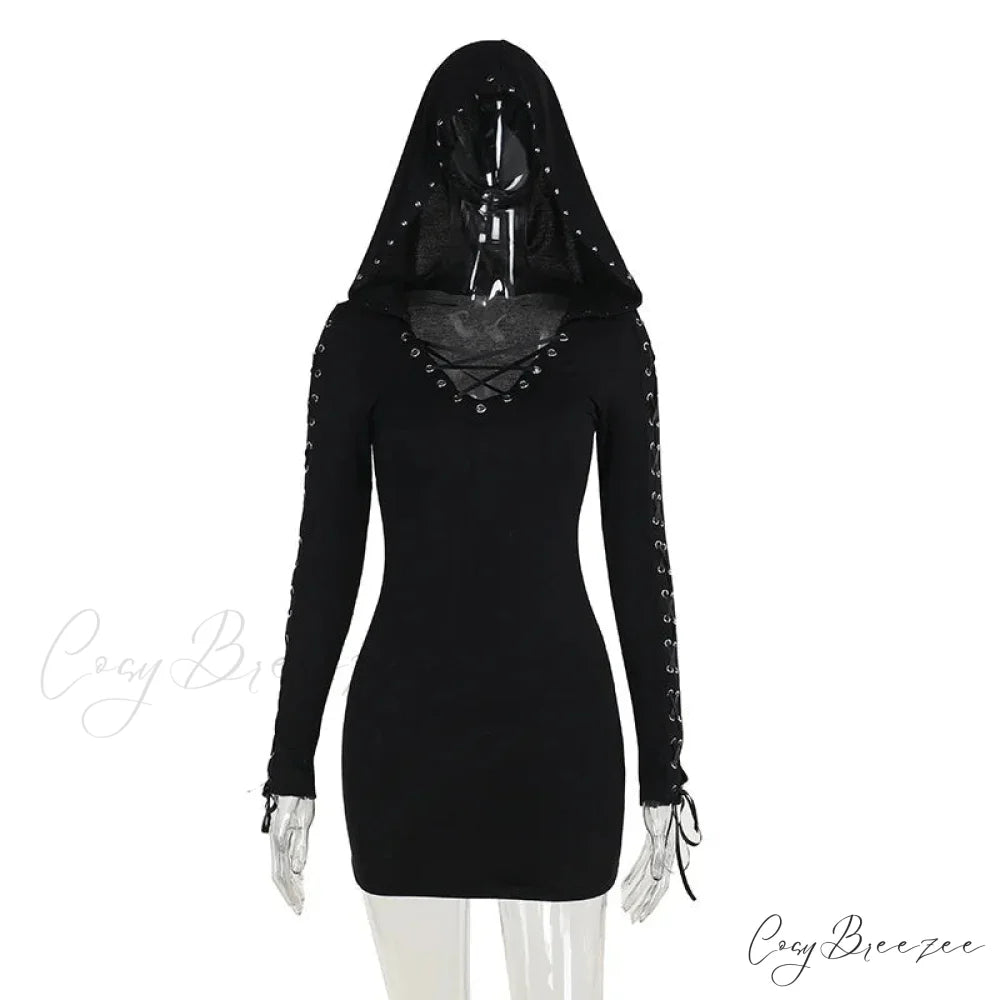 New Dark Retro Punk Street Hooded High Waist Sexy Mini Gothic Vintage Pentagram Strap Long Sleeve Dress Black / S