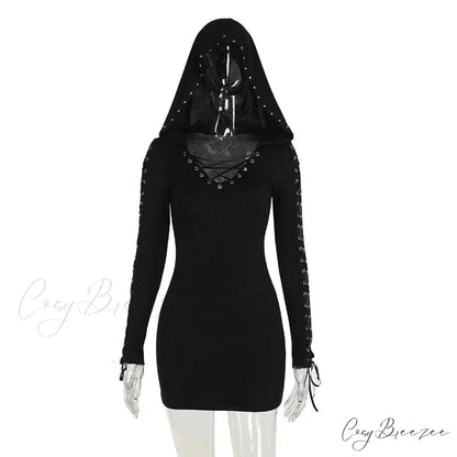 New Dark Retro Punk Street Hooded High Waist Sexy Mini Gothic Vintage Pentagram Strap Long Sleeve Dress Black / S