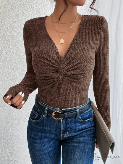 New Design Kink Deep V-Neck Solid Color Slim Sweater Top Women knittop-250126