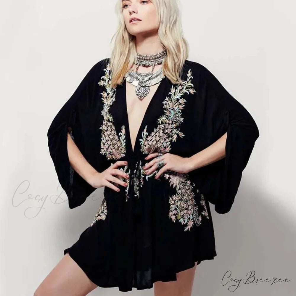 New Floral Embroidery Boho Dress Sexy Beach Dress Deep V-neck Mini Party Black / S bohodress-250126