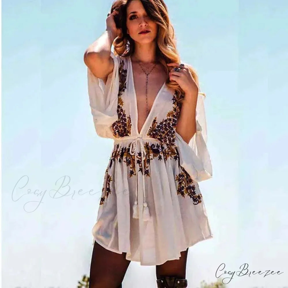 New Floral Embroidery Boho Dress Sexy Beach Dress Deep V-neck Mini Party bohodress-250126