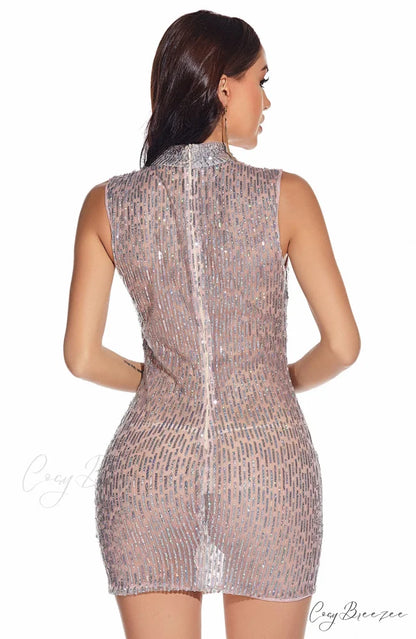 New Formal Sequin Charming Stand Collar Mini Dress