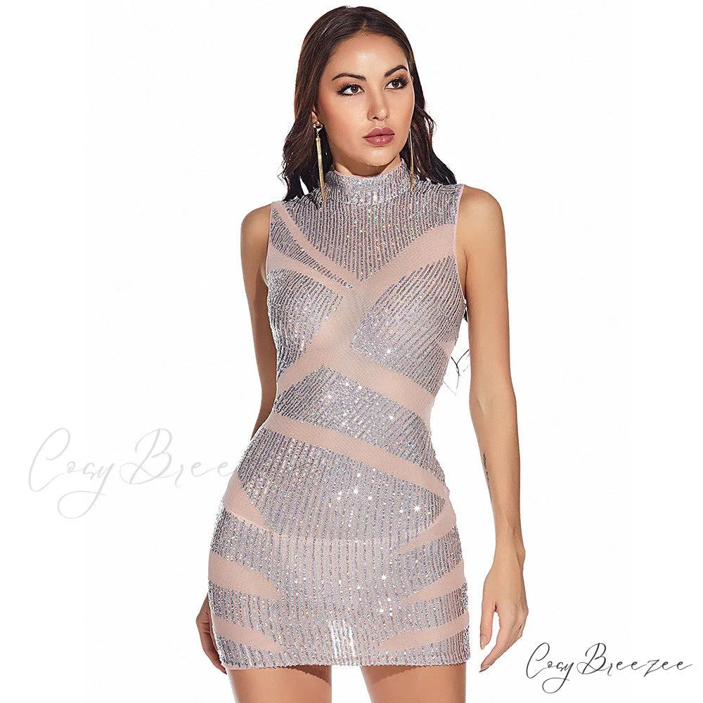 New Formal Sequin Charming Stand Collar Mini Dress