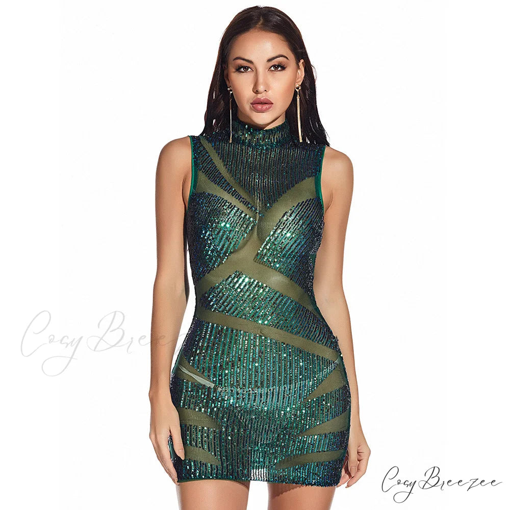 New Formal Sequin Charming Stand Collar Mini Dress Green / S