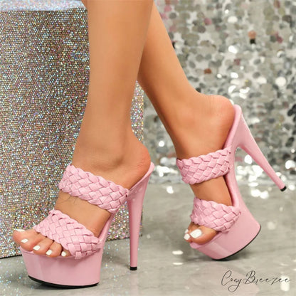 New Leather Platform Peep-Toe Stiletto Sexy Weave Big-Size Modern High Heel Pink / 34
