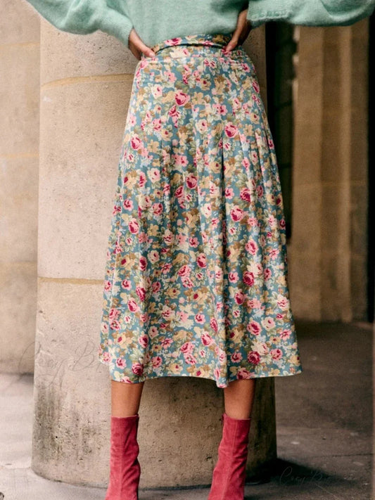 New Niche Color Pleated Blue Floral High Waist Chiffon A-Line Midi Skirt Pink blue floral / S skirt-250126