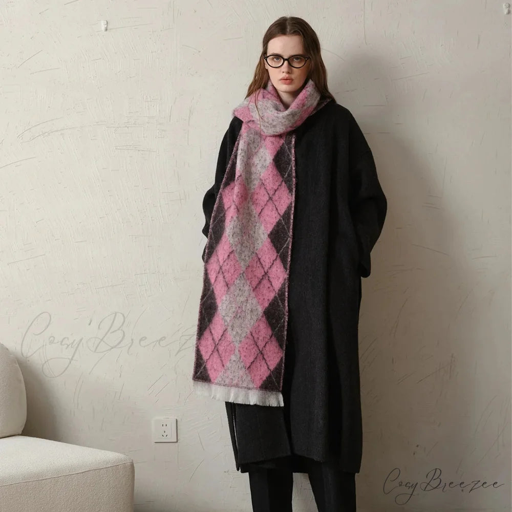 New Retro Argyle Jacquard Plaid Warm Neck Scarf for Autumn Winter 2024 pink and white / L210CM W33CM