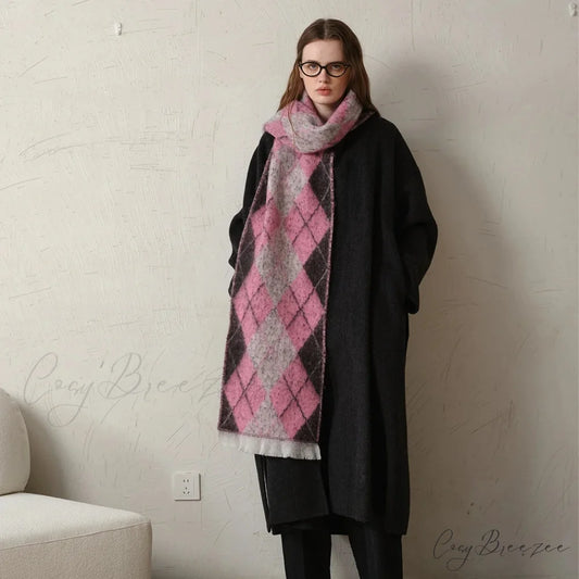 New Retro Argyle Jacquard Plaid Warm Neck Scarf for Autumn Winter 2024 pink and white / L210CM W33CM