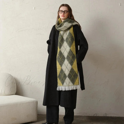 New Retro Argyle Jacquard Plaid Warm Neck Scarf for Autumn Winter 2024 yellow green / L210CM W33CM