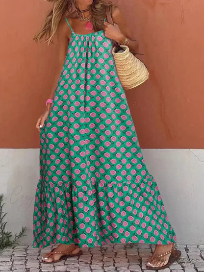 New Sleeveless Print Summer Spaghetti Strap Boho Dress Green / S