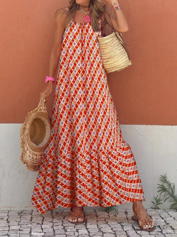New Sleeveless Print Summer Spaghetti Strap Boho Dress ORANGE RED / S