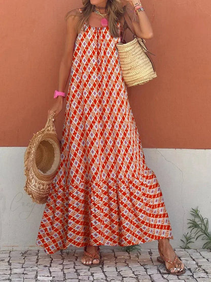 New Sleeveless Print Summer Spaghetti Strap Boho Dress ORANGE RED / S