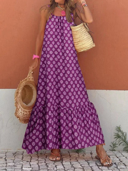 New Sleeveless Print Summer Spaghetti Strap Boho Dress PURPLE / S
