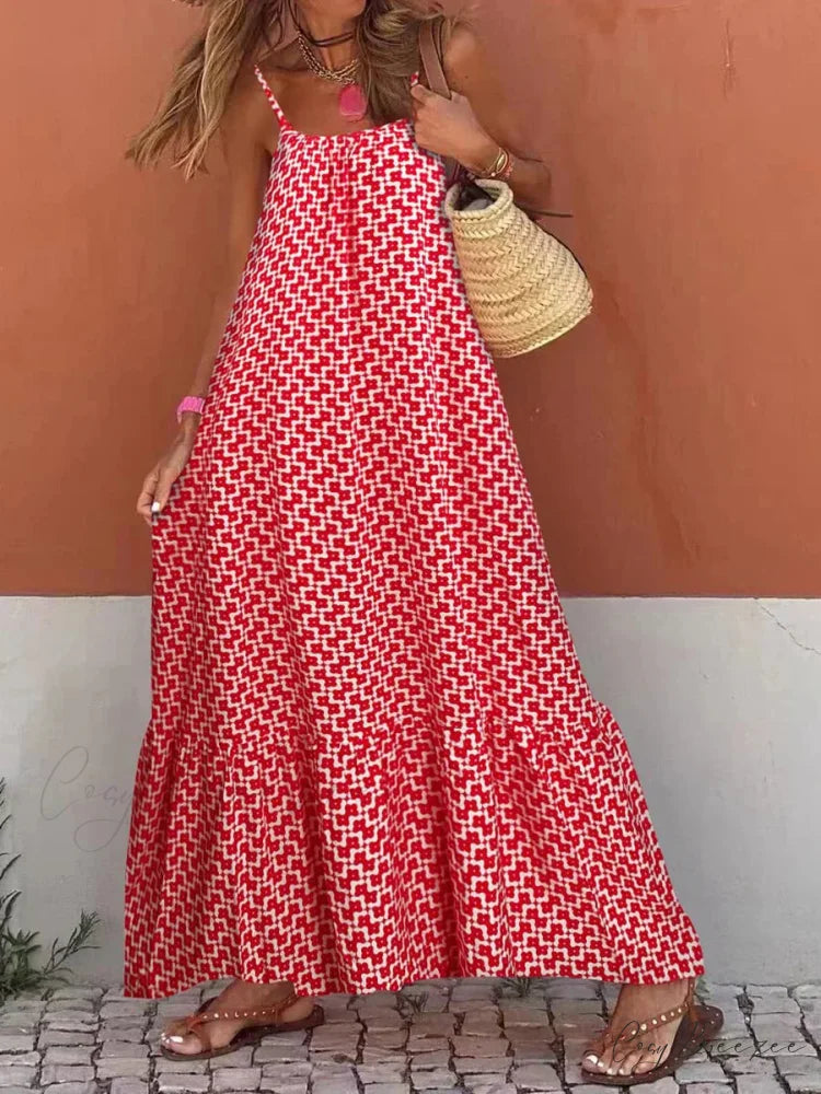 New Sleeveless Print Summer Spaghetti Strap Boho Dress Red / S
