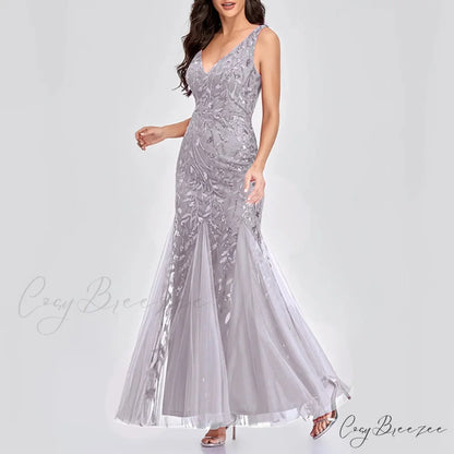 New Square-Collar Sequined Long-Sleeve Ruffle Hem Bodycon Evening Party Vestidos Dress Grey / S