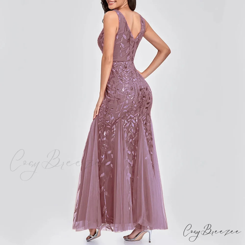 New Square-Collar Sequined Long-Sleeve Ruffle Hem Bodycon Evening Party Vestidos Dress Pink / S