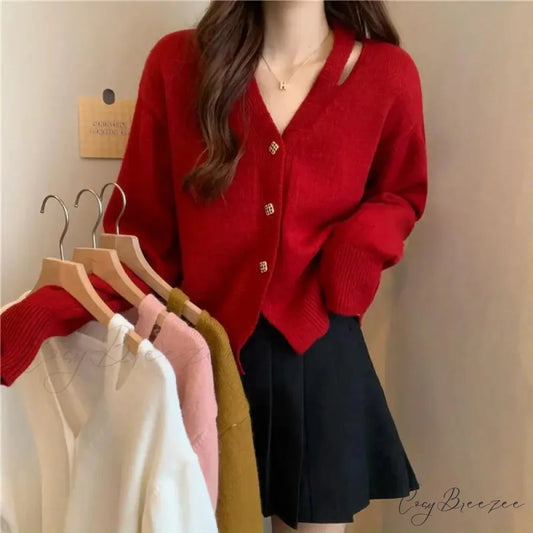 New V-Neck Button Red Knit Tops Stylish Knitwear Christmas Sweater