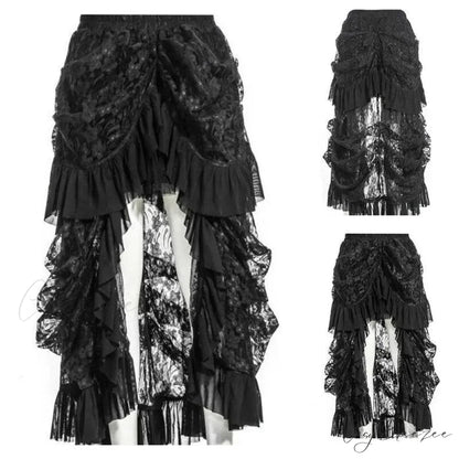 New Women Retro Victorian Lace Up SteamGothic Goth Long Ruffle Dress Skirt Black / S