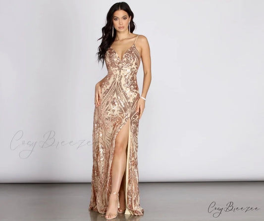 Nia Sequin Stylish Scroll Dress ROSE GOLD / S