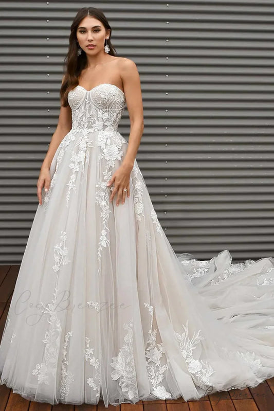 Norma Lace Applique Trendy Strapless A-line Wedding Dress Ivory / 2
