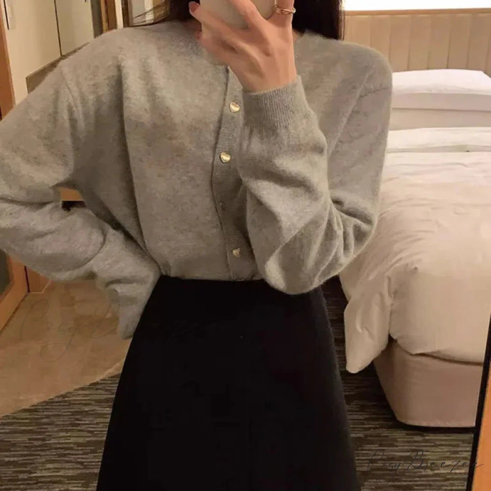 O-neck Full Sleeve Informal Cardigan GRAY / One Size cardigans-241228