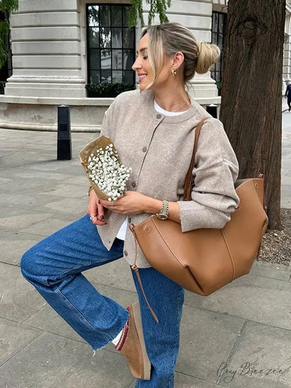 O-neck Khaki Single Breasted Cardigan cardigans-241228