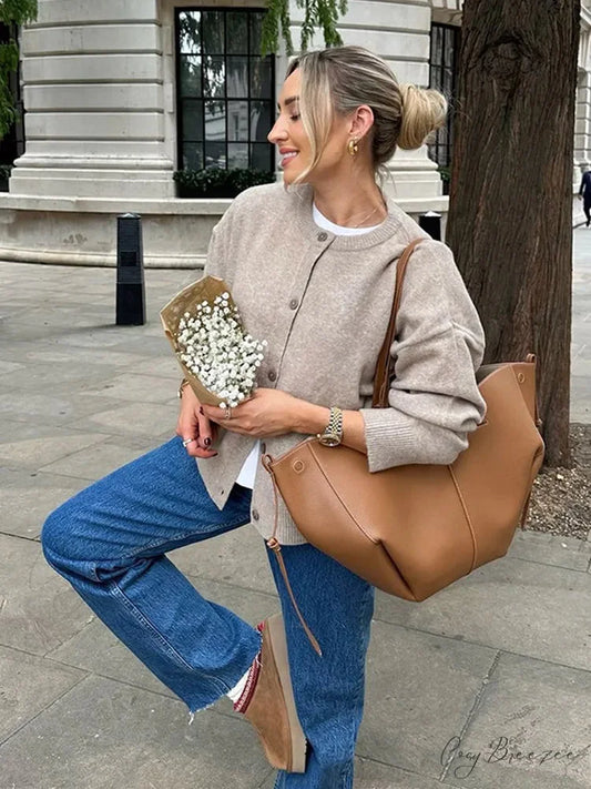O-neck Khaki Single Breasted Cardigan cardigans-241228