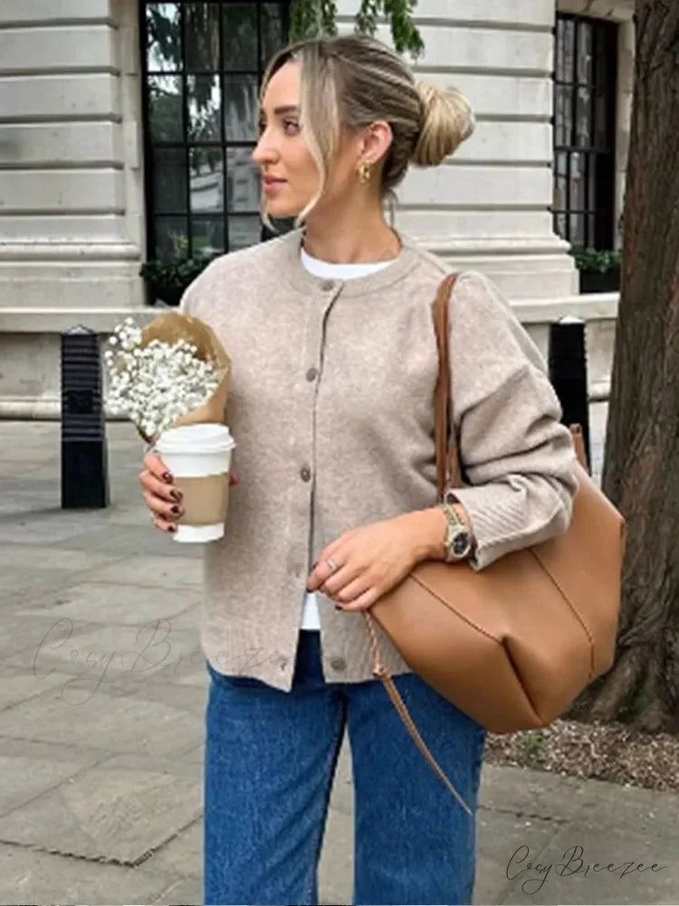 O-neck Khaki Single Breasted Cardigan Light brown / S cardigans-241228