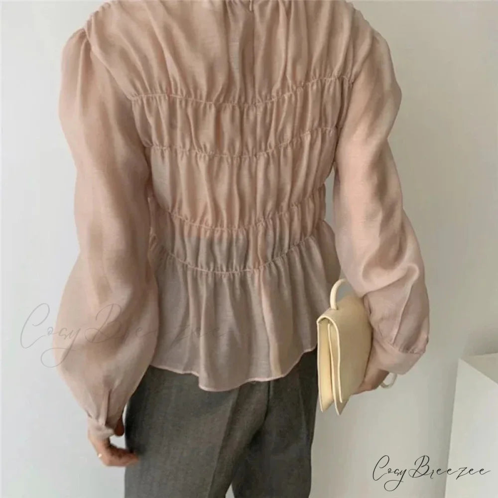 O-Neck Puff Long Sleeve Pleated Blouse blouse-250223