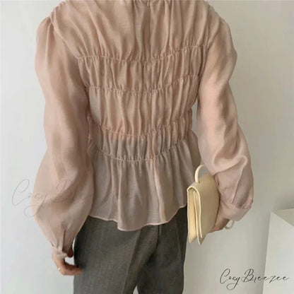 O-Neck Puff Long Sleeve Pleated Blouse blouse-250223