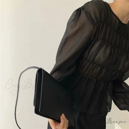 O-Neck Puff Long Sleeve Pleated Blouse blouse-250223