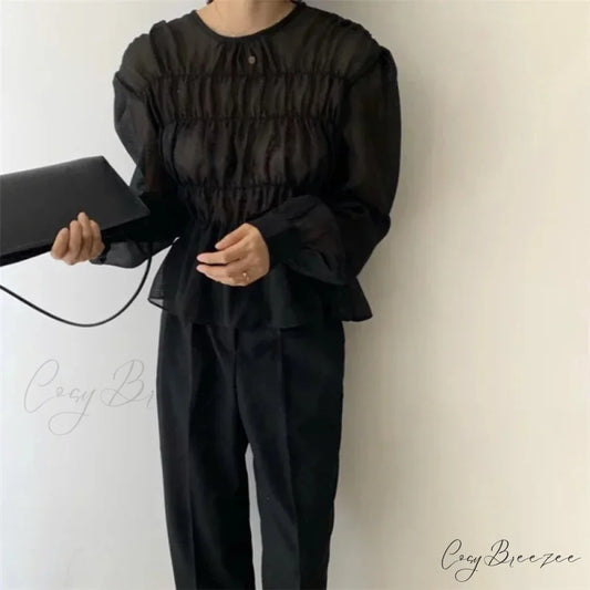 O-Neck Puff Long Sleeve Pleated Blouse blouse-250223