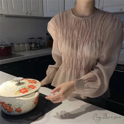 O-Neck Puff Long Sleeve Pleated Blouse blouse-250223