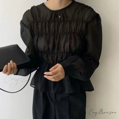 O-Neck Puff Long Sleeve Pleated Blouse Black / S blouse-250223