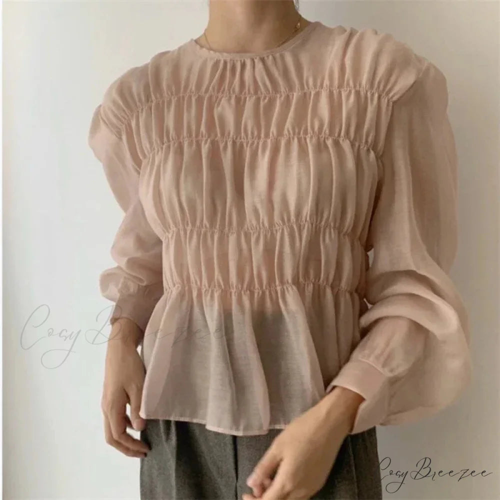 O-Neck Puff Long Sleeve Pleated Blouse Pink / S blouse-250223