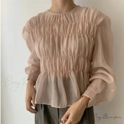 O-Neck Puff Long Sleeve Pleated Blouse Pink / S blouse-250223