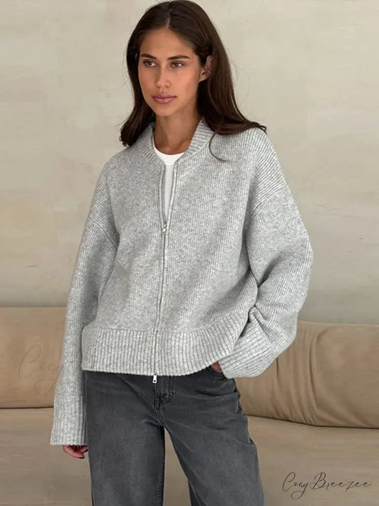 O-neck Zipper Loose Knit Cardigan Grey / S cardigans-241228