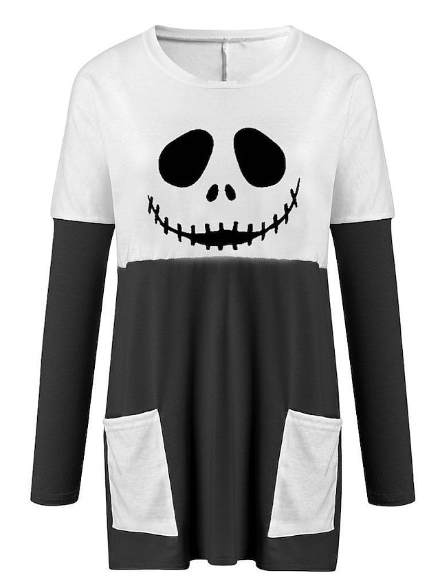 Abstract Women's Design Black Painting Shirts Round Neck Block White Halloween Long Tunic Plaid Weekend and for and Arm Color Wine in Pocket with Design