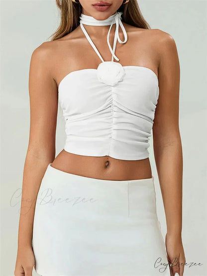 Off Shoulder 3D Flower Ruched Tube Crop Top WHITE / S croptop-250126