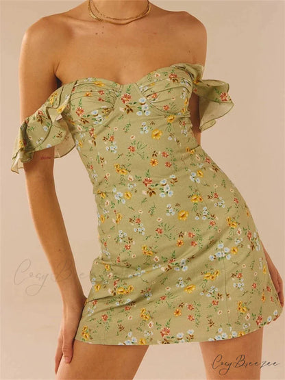 Off Shoulder Casual Sleeveless Floral Print Ruffle Trim Mini Dress GREEN / S