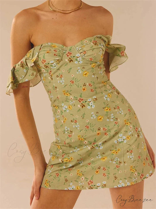 Off Shoulder Casual Sleeveless Floral Print Ruffle Trim Mini Dress GREEN / S