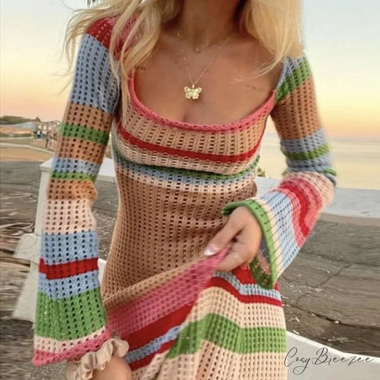 Off Shoulder Crochet Maxi Dress Vintage Patchwork Crop Top COLORFUL1 / S knittop-250126