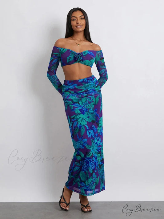 Off-Shoulder Crop Top High Waist Floral Skirt Blue / S floraldress-250126