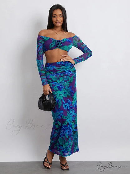 Off-Shoulder Crop Top High Waist Floral Skirt floraldress-250126