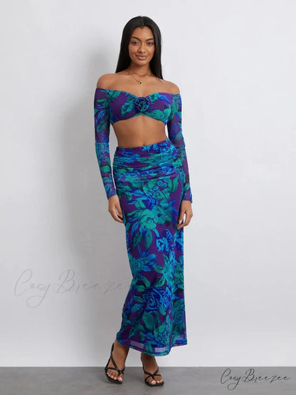 Off-Shoulder Crop Top High Waist Floral Skirt floraldress-250126