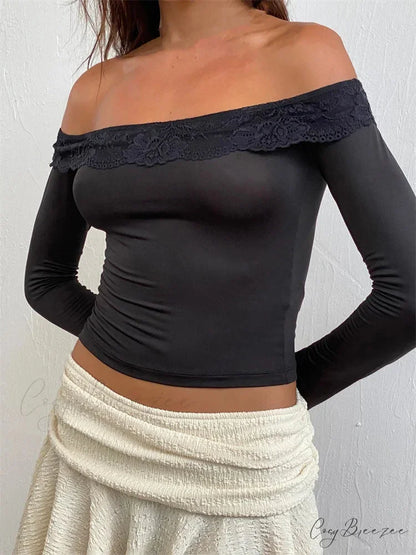 Off Shoulder Cropped Lace Patchwork Long Sleeve Slash Neck T-Shirts BROWN / S