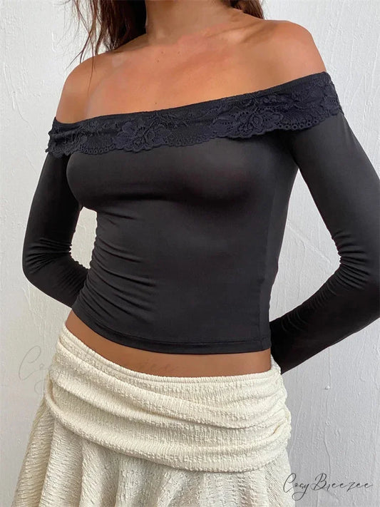 Off Shoulder Cropped Lace Patchwork Long Sleeve Slash Neck T-Shirts BROWN / S