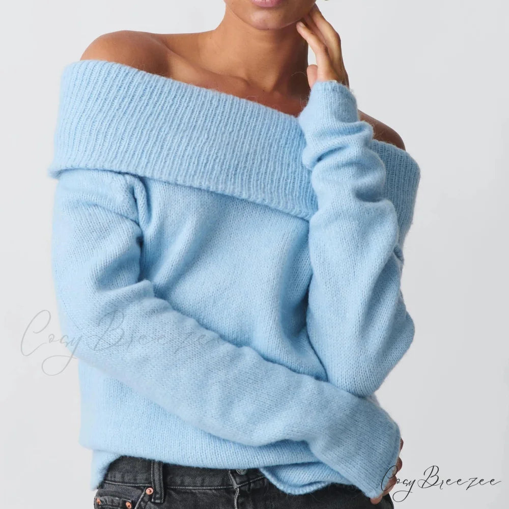 Off Shoulder Cropped Trendy Slouchy Knit Pullover Top Blue / S knittop-250126