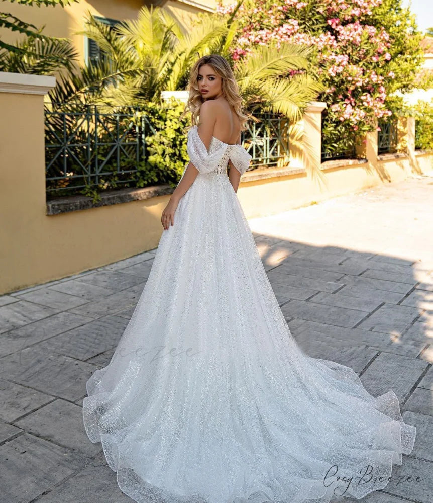 Off-Shoulder Deep V Sparkle Wedding Dress lvory white / 2 weddingdress-250223
