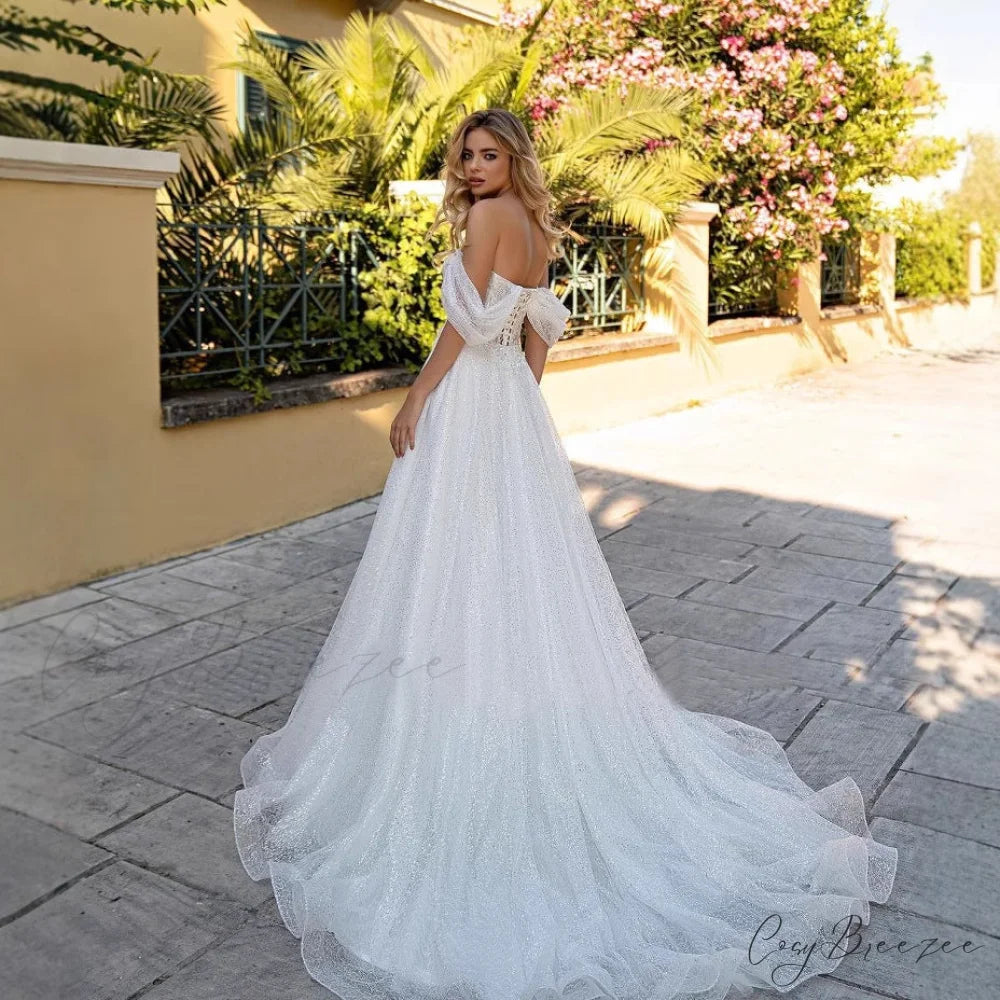 Off-Shoulder Deep V Sparkle Wedding Dress weddingdress-250223